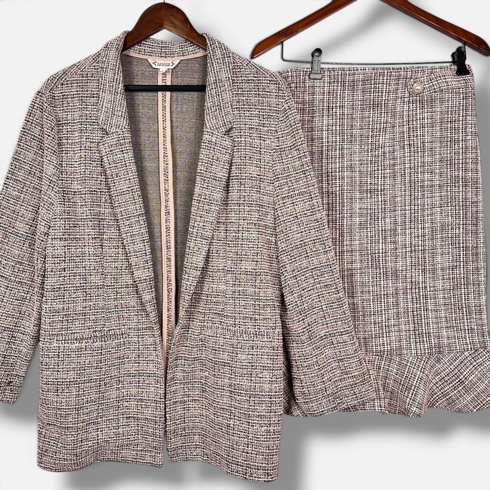 Nanette Lepore Tweed Jacket & Messini Skirt Sz L Pink Black Boucle Metallic READ